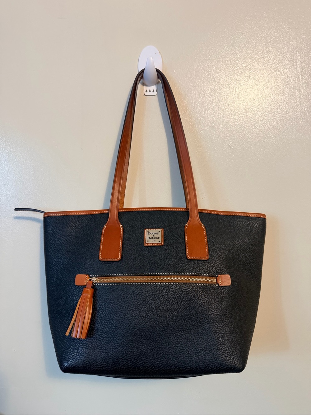 Dooney & Bourke Black Leather Tote with Tan Trim